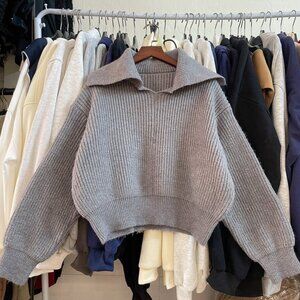 Cozy Gray Oversized Collared Knit Sweater